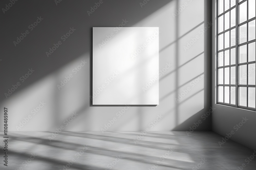 Poster a minimalist room featuring a blank canvas on a wall, illuminated by sunlight streaming through larg