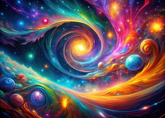 Fototapeta premium Neon Galaxy Swirl Abstract Art Print - Drone Aerial Photography, Cosmic Nebula, Psychedelic Space