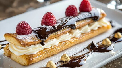 Delicious Raspberry Cream Puff Pastry Dessert with Chocolate Sauce