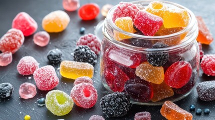 Delicious Sugar-Coated Fruit Gummies in a Jar - Sweet Treats