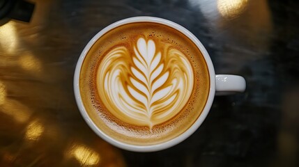Close-up of a latte with intricate leaf art in frothy milk, served in a white cup on a shiny surface.