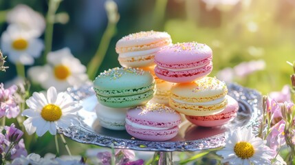 Delightful Pastel Macarons in a Sunny Garden Setting