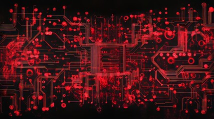 Fototapeta premium An intricate red circuit board pattern stands out against a deep black background, illuminated by pulsating red glowing light effects that enhance the technological ambiance. 