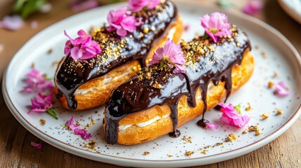 Exquisite Chocolate Eclairs with Gold & Flowers - Delicious Pastry