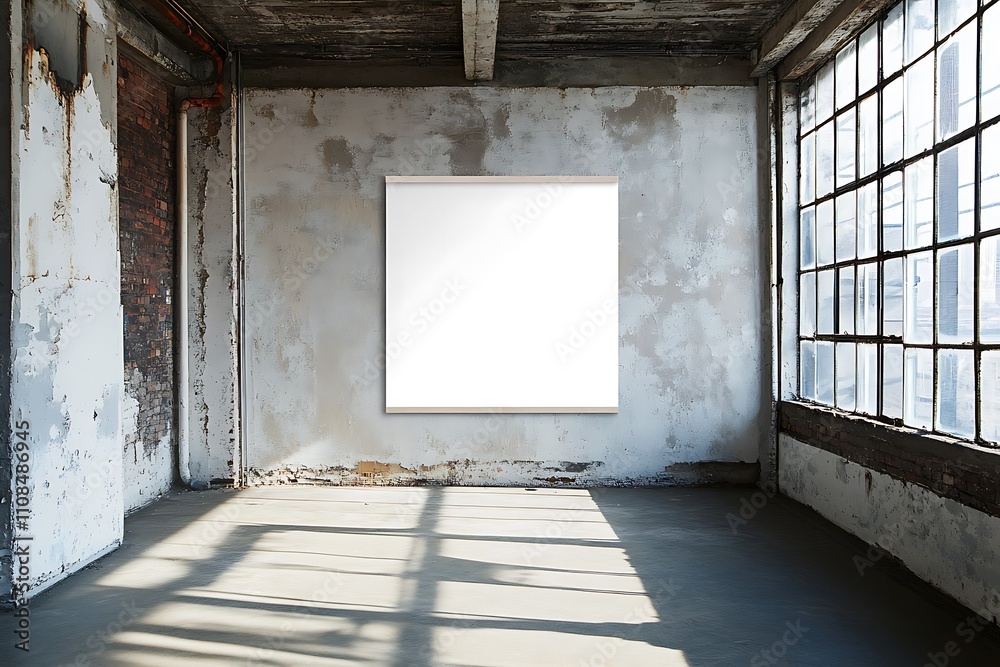 Poster a minimalist interior featuring a blank canvas, textured walls, and large windows, creating a serene