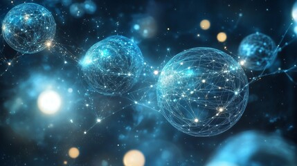 Naklejka premium Interconnected Network of Glowing Spheres in a Blue Nebula