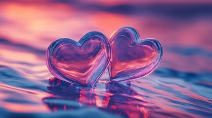 Fototapeta premium Two Glass Hearts on a Rippling Water Surface at Sunset