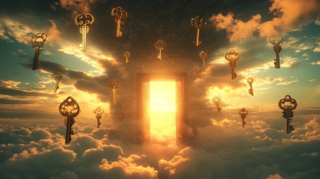 Golden Keys Floating Towards a Doorway in the Clouds