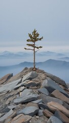Obraz premium A small tree stands alone.A solitary tree stands atop a rocky mountain peak, surrounded by misty blue mountains, creating a serene and tranquil landscape.