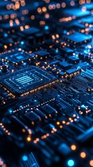 Obraz premium abstract background featuring a circuit board and chip design, embodying a digital technology concept with a black and blue color theme, illuminated by glowing light effects along the edges of circles