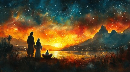 Fototapeta premium Holy Family Illustrated: Watercolor Nativity Scene Featuring Jesus, Mary, and Joseph