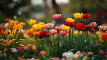 Fototapeta premium Colorful Tulips Blooming in a Garden