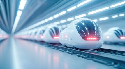Fototapeta premium A futuristic train station featuring sleek, modern trains lined up on illuminated tracks, showcasing advanced design and technology.