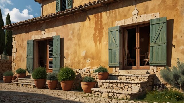 Rustic Mediterranean villa with terracotta pots, stone steps, and green shutters.