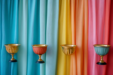 Colorful Drapery Display with Gold Bowls