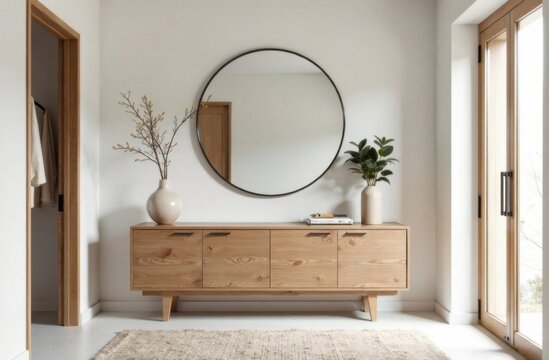 A minimalist entryway with an emphasis on clean design. The space features a streamlined console table, large mirror and practical storage solutions.