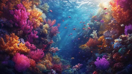 Fototapeta premium A vibrant coral garden beneath the sea with schools of fish swimming through.