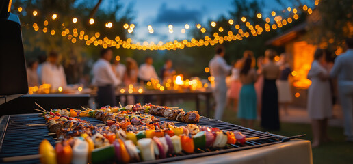 A barbecue grill with grilled meat and vegetable skewers on the outdoor dining area of an elegant wedding party