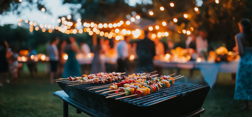 A barbecue grill with kebabs and vegetables on it, people in formal attire standing around the table at an outdoor wedding party