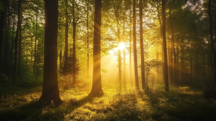 Obraz premium Capture a serene forest scene at sunrise, with light filtering through the trees.
