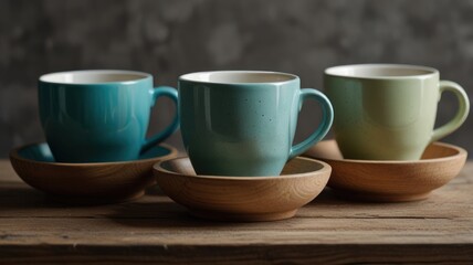 Here's a description and keywords for your image.. Three pastel-colored mugs on wooden saucers, rustic setting.