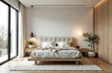 A modern bedroom with minimalist touches including a platform bed, simple decor and a soothing color scheme.
