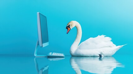 Obraz premium Serene Swan Using Computer Mouse with Blue Background