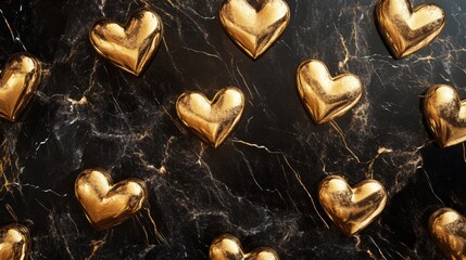 Fototapeta premium Golden Hearts on Black Marble Background
