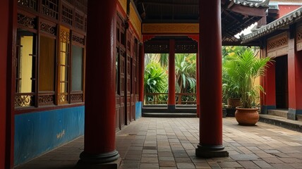 Tranquil courtyard with red pillars, traditional Chinese architecture, plants, and stone tile floor.