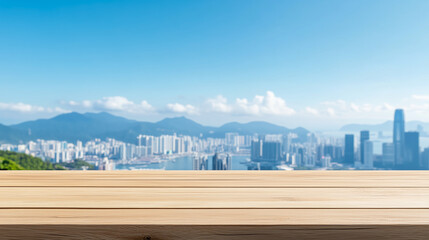 Panoramic skyline and buildings with empty wooden board