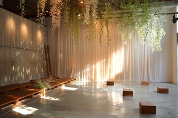 Obraz premium A tranquil, minimalist interior featuring hanging greenery, sunlight streaming through curtains, and wooden benches, creating a serene atmosphere.