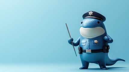 Naklejka premium Enforcing the Deep Blue Law - Whale in Police Uniform with Baton | Surreal Animal Enforcement Concept on Light Blue Backdrop