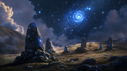 Ancient Stone Pillars Under a Starry Sky with a Galaxy