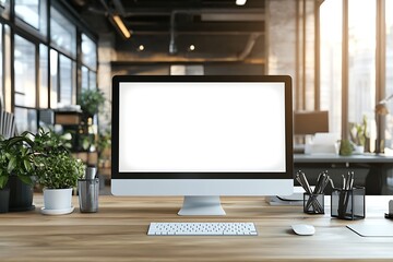 Modern office workspace featuring a computer, plants, and a minimalist design.