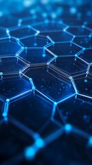Fototapeta premium An abstract technology background featuring a striking hexagonal pattern in vibrant blue hues, symbolizing digital business concepts and the intricate connections within scientific research and tech 