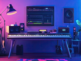 Neon-lit music studio, keyboard, monitors, and guitars.