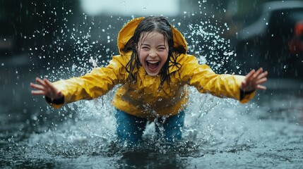 Fototapeta premium A girl wearing a raincoat and boots, jumping in a puddle with a big splash
