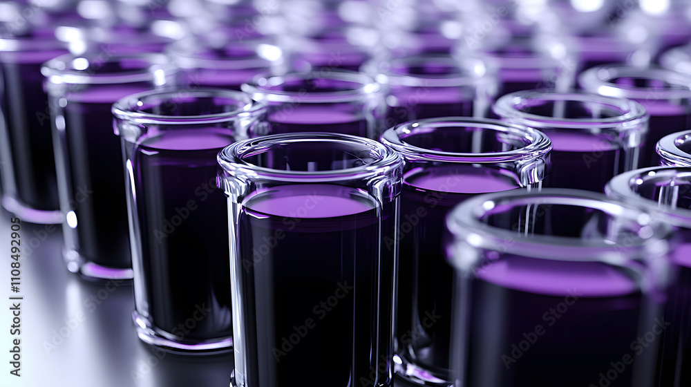 Poster a close-up view of numerous glass containers filled with vibrant purple liquid, creating a visually 