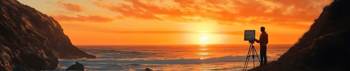 Obraz premium an artist who is painting the beauty of the sunset on the beach