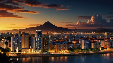 Fototapeta premium Here's a possible and keyword list for your image.. Sunset cityscape with mountain and waterfront.