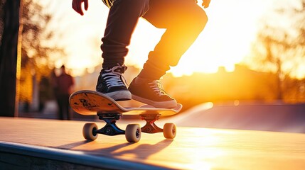 Sunset skater; legs, board, wheels, golden light.