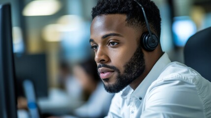 Obraz premium Concentrated Black Man Wearing Headset in Office Setting