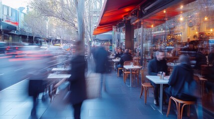 Obraz premium Blurred City Street Scene with Outdoor Cafe and Passing Cars