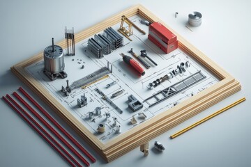 Miniature Mechanical Parts Arranged On A Blueprint