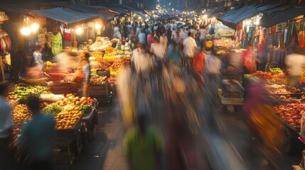 Naklejka premium Blurred Motion of People Shopping in a Night Market