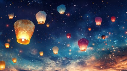 Fototapeta premium Illuminated Sky Lanterns Floating in the Night Sky