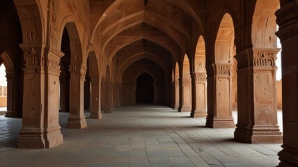 Obraz premium Here's a possible and keyword list for your stock photo... Ancient sandstone corridor with arched colonnade.