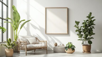 Modern Minimalist Living Room with Plants and a Blank Canvas