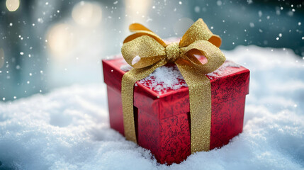 Vibrant Red Gift Box with Gold Ribbon on Snowy Winter Landscape