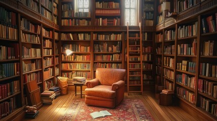 Photograph an old library filled with rows of books and a cozy reading nook.